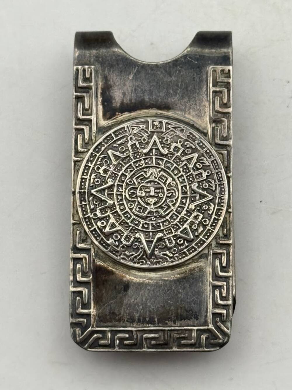 Plat Mex S.A. Sterling 925 Money Clip Aztec Calendar Greek Key Mexico Vintage